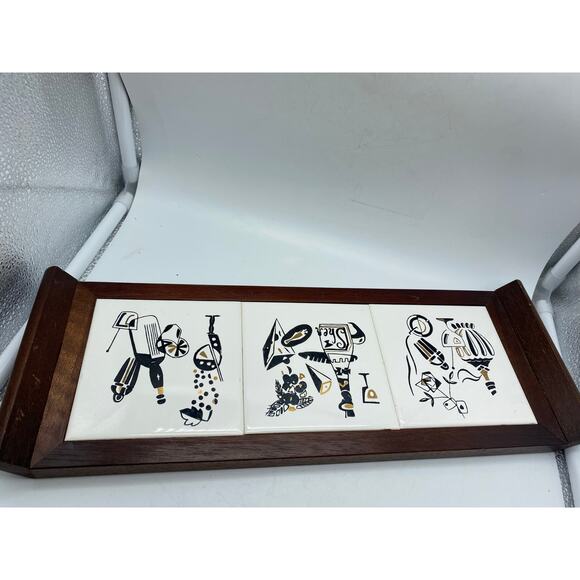 1950s Wood Framed 3 Tile Sansco Japan Serving‎ ,wall decor, Barware Mid Century - Picture 11 of 11